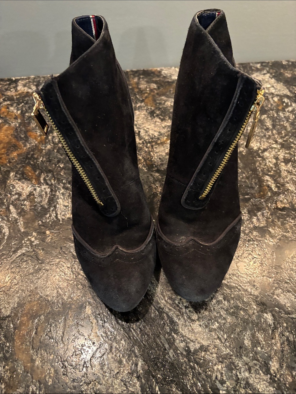 Tommy Hilfiger Black Suede Ankle Booties with Gold Zipper